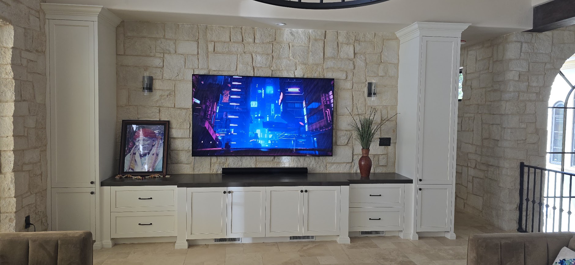 TV installation with custom cabinetry